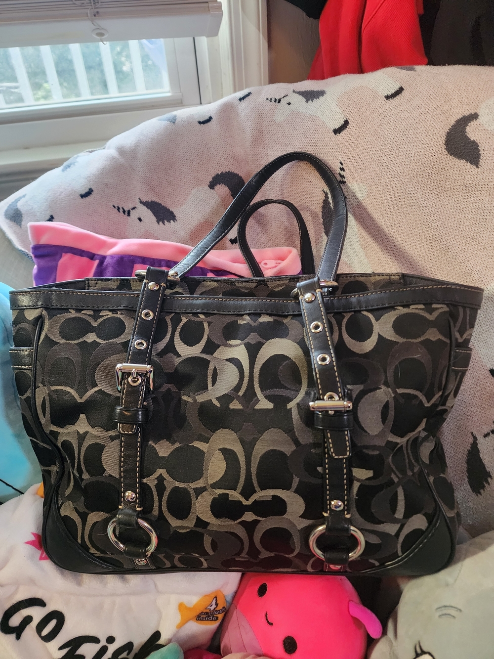 Coach Vintage Optic Signature Gallery Tote Bag Black Gray F15669